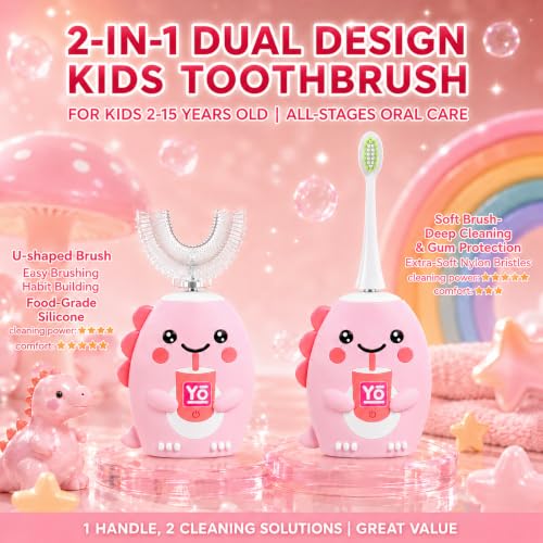 Kids U-Shaped Electric Toothbrush for Toddlers Ages 2-15 Girls, Sonic 360° Rechargeable Toothbrush Kids, 6 Brush Heads 6 Modes, IPX7 Waterproof Automatic 59S Timer - Pink