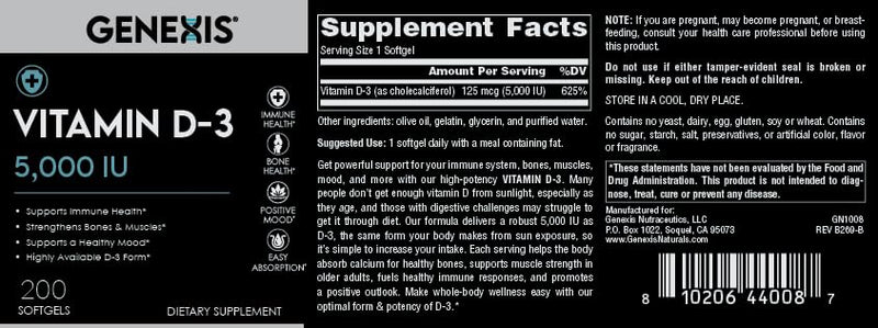 Genexis Vitamin D3 5000 IU (125 mcg) – 200 Softgels | Gluten Free High Potency Cholecalciferol for Immune & Mood Support, and Bone & Muscle Health – Easy-to-Absorb in Olive Oil
