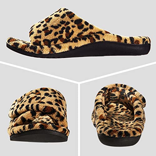 GRITHEIM Women's Orthotic Arch Support Slippers Fuzzy Adjustable Orthopedic Slippers for Plantar Fasciitis Furry Slide for Ladies 10 Leopard