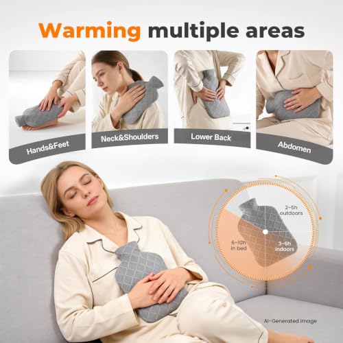 Hot Water Bottle with Soft Cover, 2L Hot Water Bag, Hot and Cold Therapies for Sore Muscles, Menstrual Cramps, Neck and Shoulder Pain Relief, Great for Women, Childs, Gray Light Gray