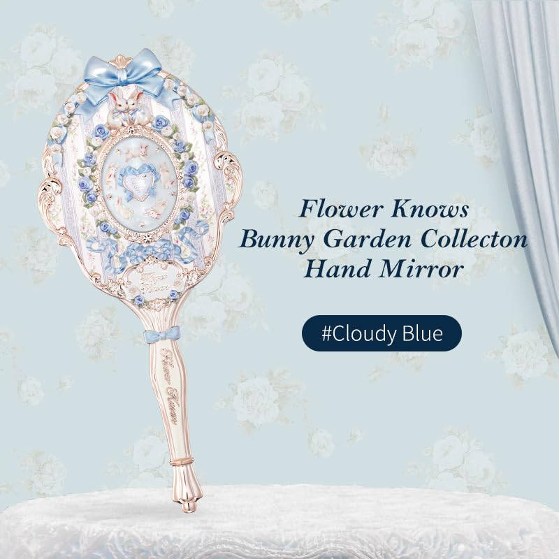 Flower Knows Bunny Garden Hand Mirror, Blue Decorative Makeup Mirror Bunny Garden-cloudy Blue 8.4"L x 4.2"W