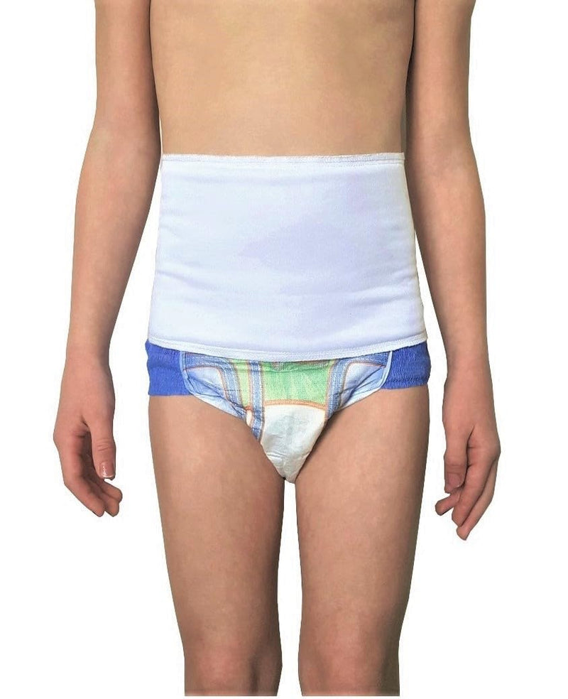Pediatric Ostomy Wrap Mild Compression Band - White, waist size 21-24 inches | Compression Waist Wrap Bandage Support Belt to Prevent Ostomy Leaks and Secure G Tube and Feeding Tube (OWWT, Size 2)