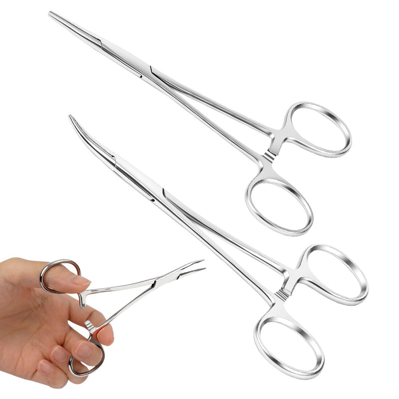 Aomig Pet Ear Clamp Hemostat Forceps 2PCS Ear Cleaning Straight & Curved Clamp Pet Groomers Scissor Stainless Steel Dog Cat Tweezers Professional Ear Hairs Tools Pet Grooming Ear Hair Puller 2pcs- Straight Forceps+curved Forceps