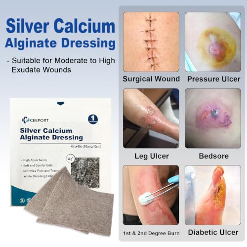 Ceeport Ag Silver Calcium Alginate Wound Dressing Pads 4 "x 4", 10 Pack Silver-4"x4"(Pack of 10)