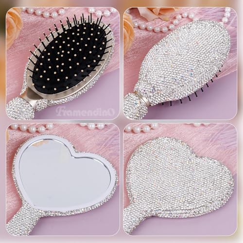 Framendino, Rhinestone Heart-Shaped Handheld Mirror and Bling Hair Brush Set for Women