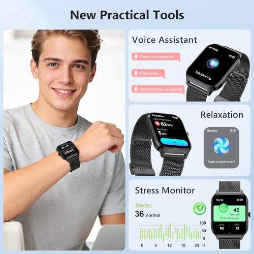 Smart Watch, 1.85" Smart Watches Women Men Make/Answer Call, Heart Rate/Blood Pressure/Sleep Monitor, 110+Sports Modes, Voice Control, Waterproof Fitness Watch Compatible for Android & iPhone Stainless Black