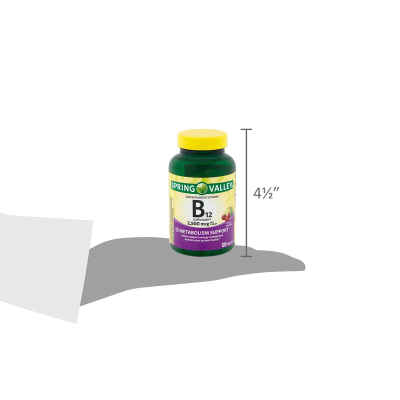 Spring Valley Vitamin B12 Quick-Dissolve Tablets Dietary Supplement | Vitamin B12 2500 mcg | B Vitamins | Vitamin B12 Complex for Women and Men | 120 Tablets Bundle with Lual's 45 Diabetes Decoded
