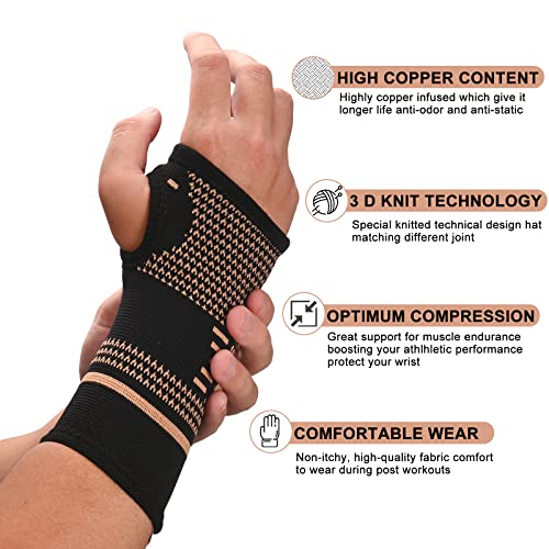 Copper Wrist Compression Sleeves, Comfortable and Breathable for Arthritis, Workout, Carpal Tunnel, Wrist Support for Women and Men Medium(2Pack)