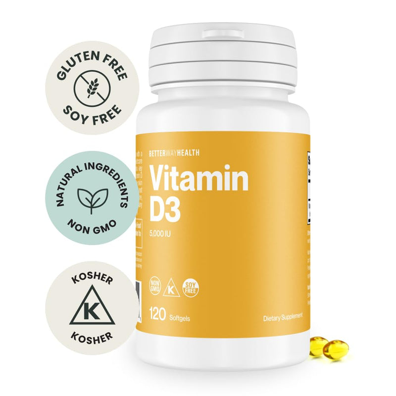 Better Way Health Vitamin D3 5000 IU – High Potency Softgel Vitamin D Supplement for Immune & Bone Health – Non-GMO, Dairy-Free, 120 Softgels