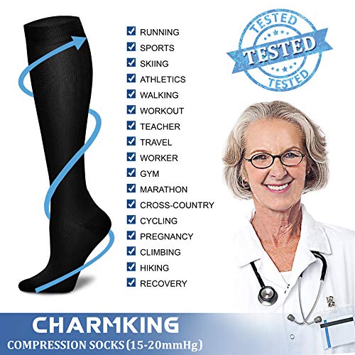 CHARMKING Compression Socks for Women & Men Circulation (8 Pairs) 15-20 mmHg Best Calf Socks Support for Athletic Cycling Large-X-Large 02 Black/Black/Black/Black/Black/Black