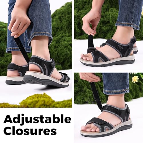 FitVille Women's Orthopedic Wide Sandals Casual Arch Support Flat Sandals 8 Wide Black