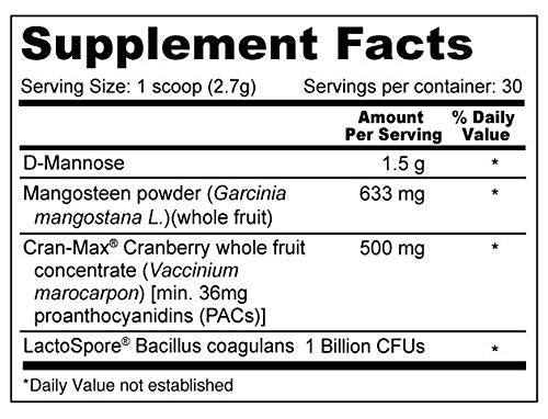 Vital UT Powder with D-Mannose, Cran-Max Cranberry, LactoSpore Probiotic for Urinary Tract and Bladder Health, 36mg PACs and 1 Billion Spore Probiotics Per Scoop (30 Servings)