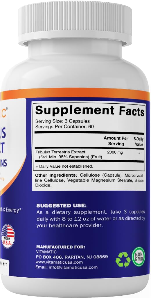 Vitamatic Tribulus Terrestris for Men - 2000 mg per Serving - 95% Saponins - 180 Vegetable Capsules - Made in The USA - Gluten Free & Non-GMO