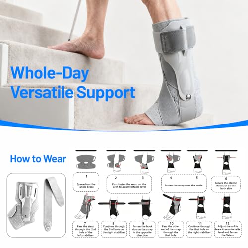 Adjustable Ankle Stabilizer Support Brace for Sprained Ankle, Bilateral Rigid Stirrup Splint, Ligament Injury & Tendonitis Relief, Unisex Ankle Brace for Men and Women (Gray, Large) Gray