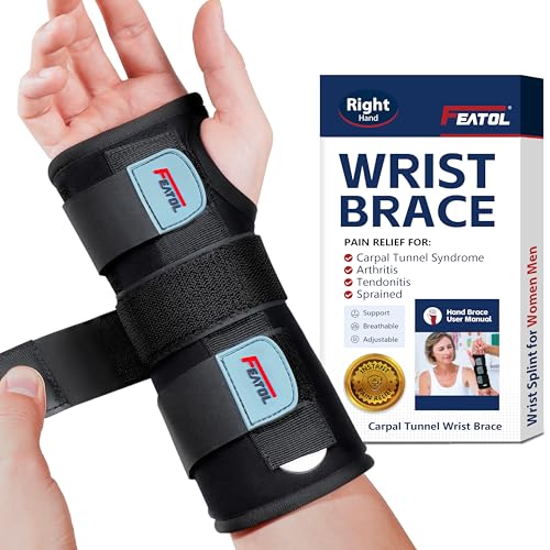 FEATOL Wrist Brace, Right Hand, Medium/Large + Back Brace with Removable Dual-Side Spine Lumbar Pad with Snug Fit, Size Large