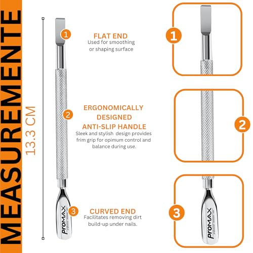 ProMax Care Double Ended Cuticle Pusher and Nail Cleaner Professional Grade Surgical Stainless Steel Dual Action Manicure and Pedicure Tool for Fingernails and Toenails Silver