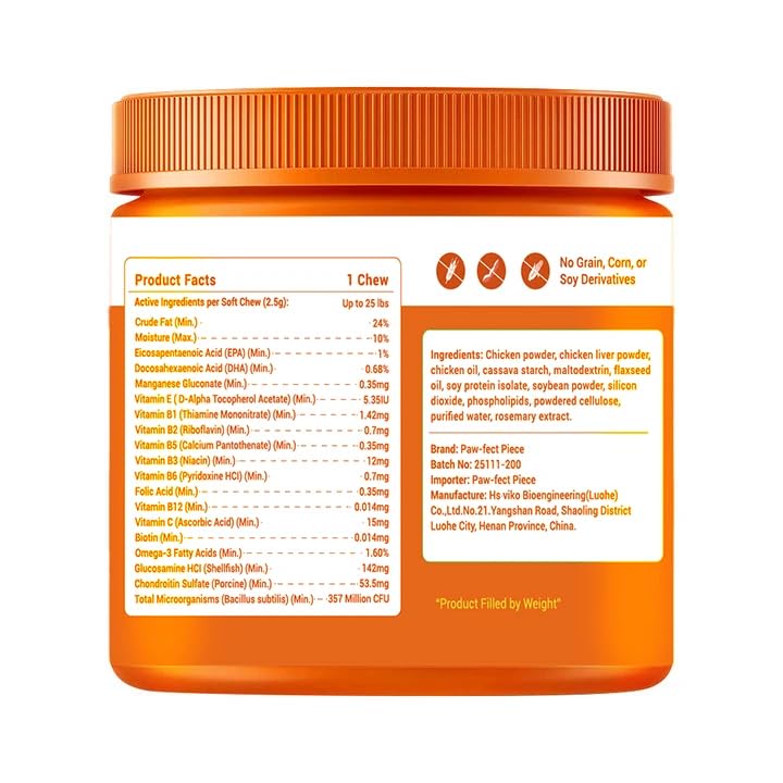 Paw-FECT Piece 8-in-1 Natural Dog Multivitamin Chews, Dog Supplement for Hips & Joints, Skin & Coats, Digestion, Immune Support, Omega 3, Anitoxidents, for All Ages and Breeds, Chicken-120 Count