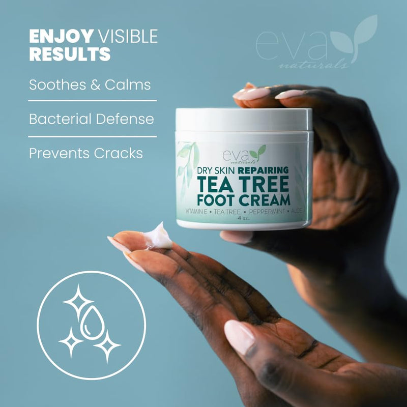 Eva Naturals Tea Tree Foot Cream – Moisturising Foot Lotion & Balm for Dry, Cracked Heels & Feet with Peppermint, Menthol, Spearmint, Aloe, Sunflower Oil & Geranium – Cream for Men & Women, 4 Fl Oz 4 Fl Oz (Pack of 1)