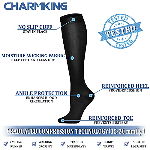CHARMKING Compression Socks for Women & Men Circulation (8 Pairs) 15-20 mmHg Best Calf Socks Support for Athletic Cycling Large-X-Large 02 Black/Black/Black/Black/Black/Black