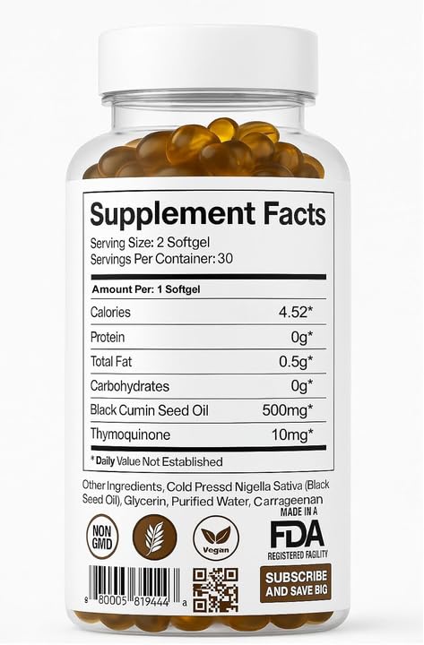 ORGANICS NATURE Black Seed Oil Capsules 1000MG Per Serving Vegan Softgels, Hair, Skin, & Heart Support, Nigella Sativa - 100% Cold Pressed Cumin Seed Oil Capsules High Thymoquinone, Omega 3s