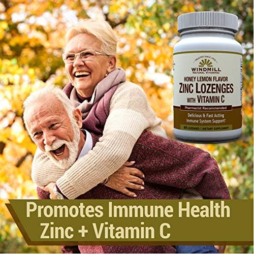 Windmill Health Products Natural Vitamins Zinc Lozenges with Vitamin C Honey Lemon Flavor, Immune System Support, Provides Antioxidant Support, Delicious & Fast Acting, 60 Lozenges, 60 Servings. 60 Count (Pack of 1)