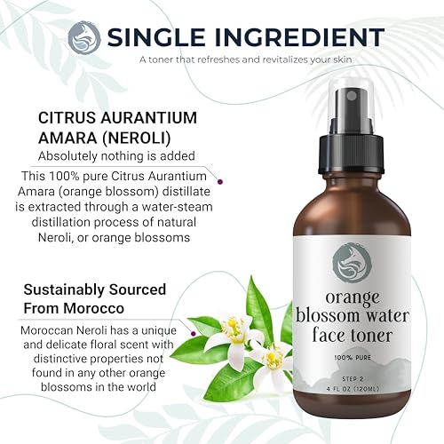 Orange Blossom Water Face Toner - Alcohol-Free Daily Facial Toner Spray 100% Natural for Sensitive Skin Acne and Breakouts - Best to Tone Tighten and Clear Pores - 120mL/4.oz by Foxbrim