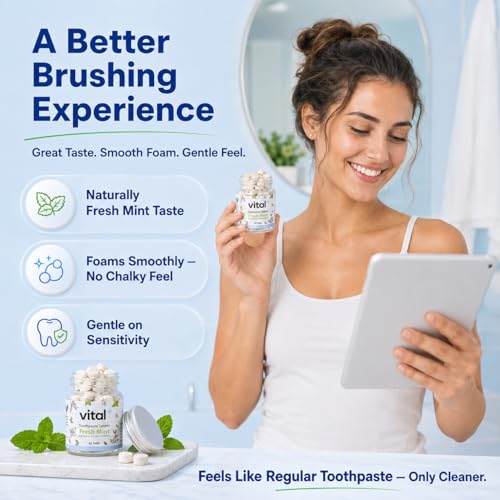 Vital Toothpaste Tabs with 7% Nano-Hydroxyapatite | Naturally Whitens + Remineralizes Teeth | Fluoride & Plastic Free | Combats Sensitivity | Travel & Eco Friendly | Fresh Mint | 248 Tablets (4 Month) 248 Count (Pack of 1)