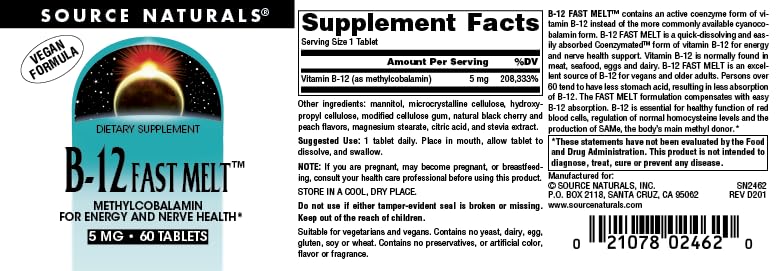 Source Naturals, Vitamin B-12-5 mg - 60 Fast Melt Vegan Formula | Supports Energy Production