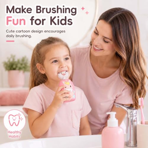 U Shaped Toothbrush for Kids, Automatic Electric Toothbrush with 4 Brush Heads, 360° Full Mouth Cleaning Toothbrush for Children, 2 Modes Rechargeable Kids Toothbrush with Cartoon Design Pink