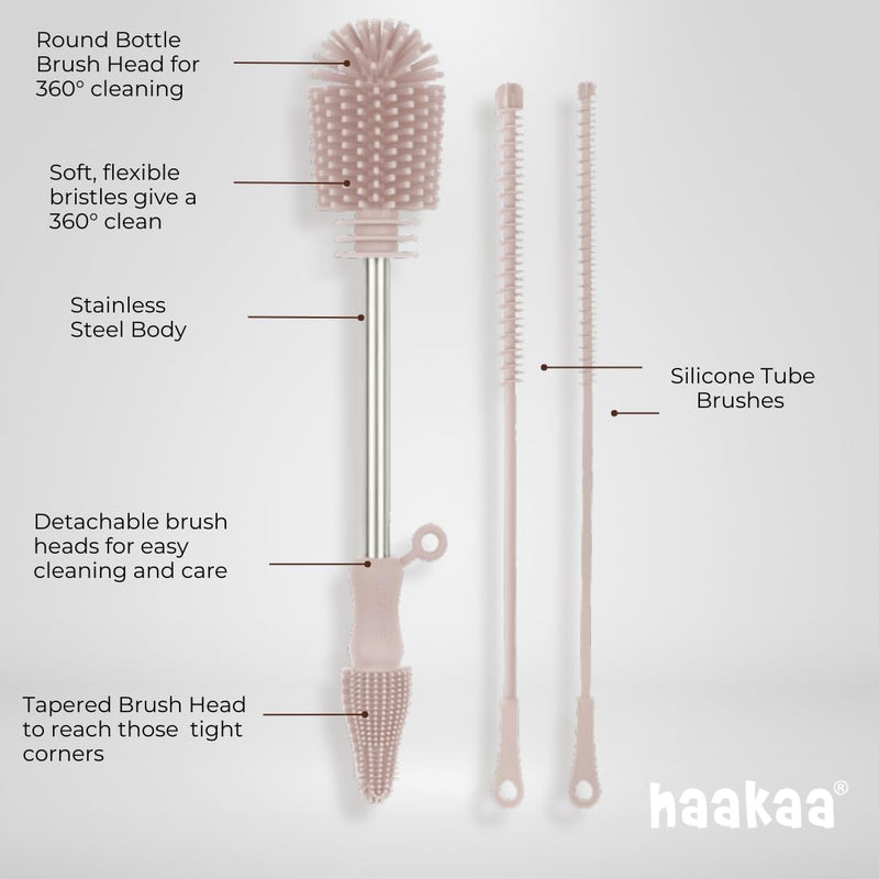 Haakaa Silicone Cleaning Brush Kit – Household Cleaning Brushes for Bottles and Crevices – Food-Grade Silicone: Dishwasher Safe (Brush-Blush) Brush-blush - BeesActive Australia