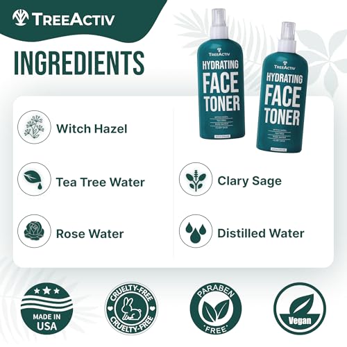 TreeActiv Balancing Herbal Toner | Facial Skin Moisturizer | Witch Hazel | Rose Water | Clary Sage | Tea Tree | Natural Astringent | Alcohol-Free | Reduce Oily Face Acne | Men, Women, Teens | 4 fl oz