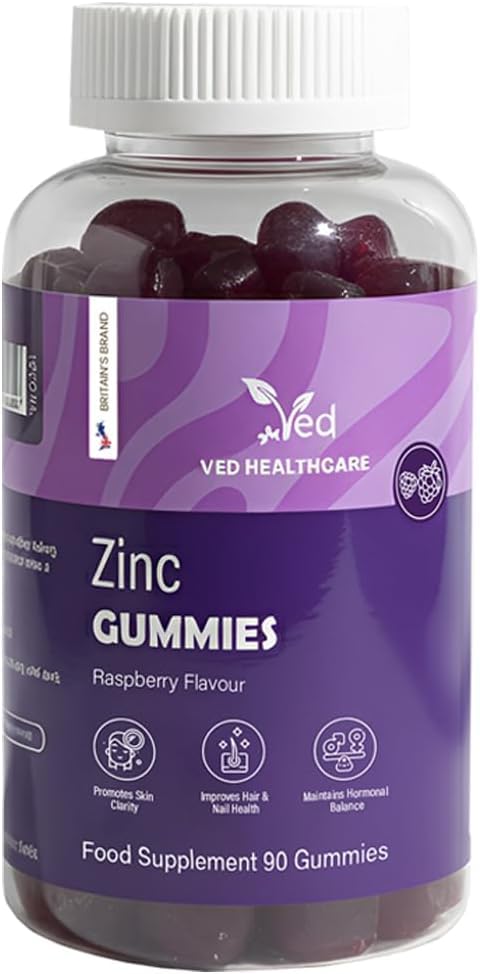 VED Zinc Gummies 50mg, 45 Days Supply, 90 Gummies, Zinc Supplement for Men & Women, Easy to Chew, Natural Raspberry Flavour, Vegan, Immune, Skin, Hair, Nail, Non-GMO & Magnesium Stearate-Free