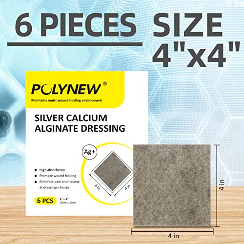 Silver Calcium Alginate Dressing, 4”x4”-6 Individual Package Highly Absorbent, Non-Adhesive, Painless Removal Ag Alginate Wound Bandage for Burns, Ulcers, Abrasions, Pressure Sore Silver Calcium Alginate 4"x4" (6 Pcs/Box)