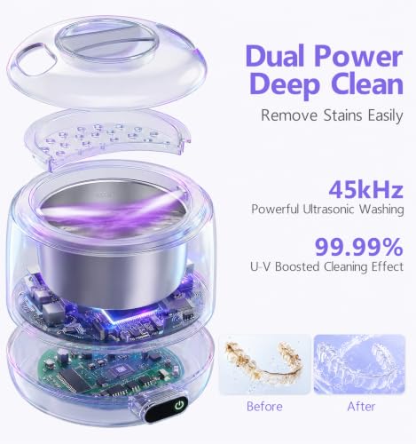 Voraiya Ultrasonic Retainer Cleaner Machine Waterproof Base and Denture Pod Ultra Sonic Cleaner Machine for Aligner, Retainers, Mouth Guards, Night Guards, Dental Trays Braces, Toothbrushes White