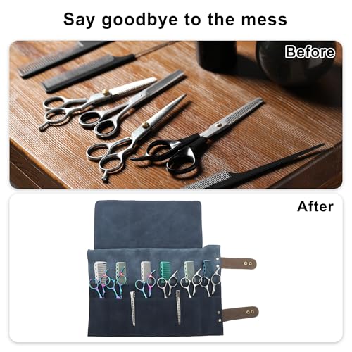 VOCOSTE Barber Scissors Bag Roll Up, Durable & Foldable Salons Tool Pouch with Multi-Pockets, Hair Scissor Shears Cases for Hair Stylists, Blue
