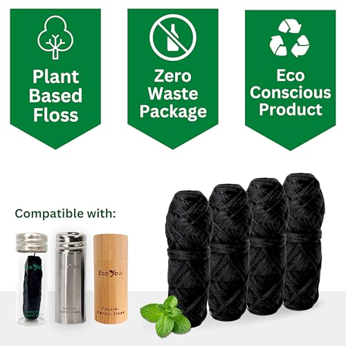 Bamboo Charcoal Dental Floss | 6 Refills + Metal Holder | Mint & Candelilla Wax | Vegan & Biodegradable