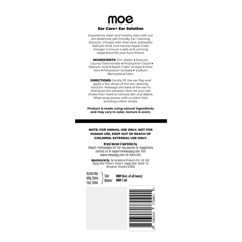 Moe Puppy Ear Care+ Dog Ear Cleaner Solution | Ear Drops for Dogs & Cats | Removes Wax Build Up, Relieves Itchy Ears & Eliminates Ear Odour | Gentle Ear Cleaning Solution (100ml)
