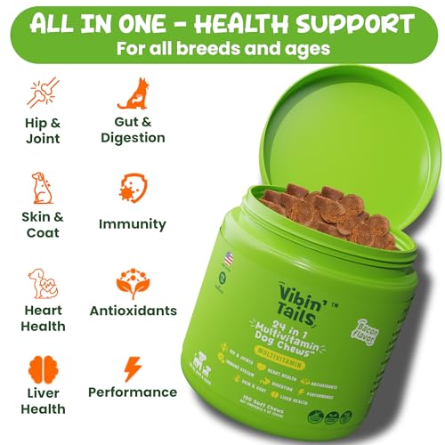 Vibin’ Tails Dog Multivitamin, Chewable Dog Vitamins and Supplements with Glucosamine, Chondroitin, Probiotics & Omega-3 for Hip & Joint, Skin & Coat – Puppy & Senior Multivitamin – 120ct