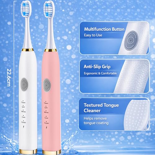 2 Pack Electric Toothbrush for Adults, Travel Electric Toothbrush Includes 10 Replacement Brush Heads, 5 Modes, 2 Hours Charge for 45 Days (White & Pink)
