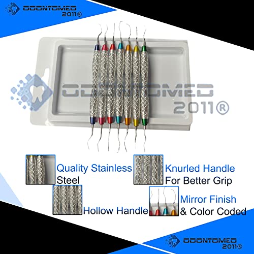 Set of 7 Gracey Periodontal Curettes 1/2-13/14 Double Ended Dual End Hollow Handle Color Coded & Chrome Plated Handle Dental Instruments with Protective Packing DN-2355