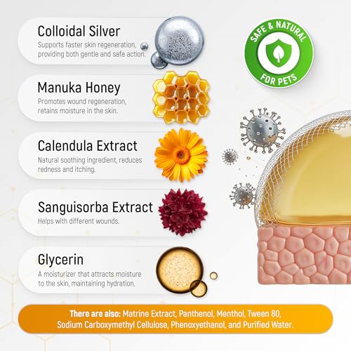 SILVER GRADE Dog Wound Care with Manuka Honey & Colloidal Silver for Scratches & Skin Irritations – Cat & Dog Hot Spot Treatment Gel Works as Honey Rapid Wound Repair for Horses – for All Pets – 2-Oz Honey Gel for Pets