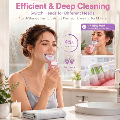 Adult Ultrasonic Electric Toothbrush, u Shaped autobrush Toothbrush Game Console - Pink
