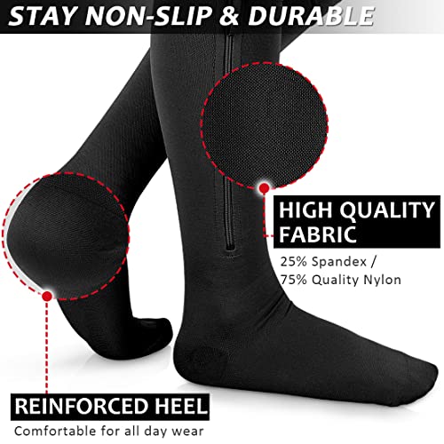 Ailaka Zipper Compression Socks for Men Women, 20-30 mmHg, Close Toe XX-Large (1 Pair) Black