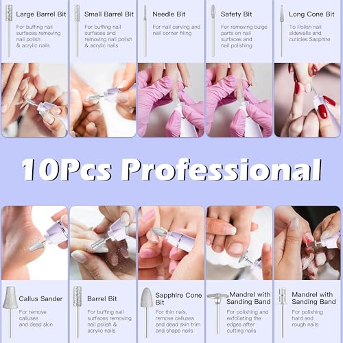 Professional Manicure Pedicure Kit Electric Nail Grinder,10 Speeds Cordless Nail Drill with LED Light, Nail File with LED Display,Wider Grinder for Toenail Hand Feet Care for Women Men