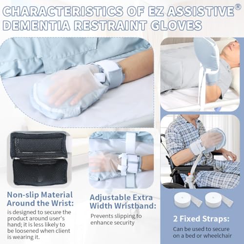Dementia Restraint Gloves-2Pcs,Anti Scratch Gloves to Prevent Scratching Harm,Bed Restraints Control Mitts for Dementia Patients/Elderly/Alzheimer's (GrayBlue-Transparent Mesh) GrayBlue-Transparent Mesh