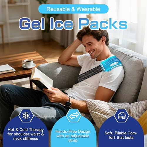 Ice Packs for Injuries Large 2 Packs Hot Cold Gel Pack with Strap Blue Large 13 x 6 Inch