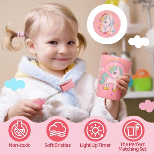 Lily's Home Kids Flashing Timer Toothbrush with Soft Bristles, Rising Cup & Cover - Fun 2-Min Light-Up Brushing for Children - Toddler Toothbrush Kit (Unicorn) - Set of 2 Unicorns