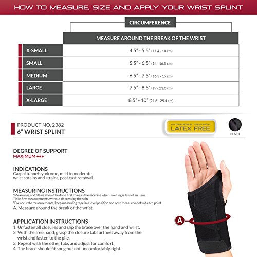 OTC Wrist Splint, 6-Inch, Fitted Brace for Men and Women, Hand Pain Relief Support, Left Hand, X-Large 6 Inch (Left Hand)
