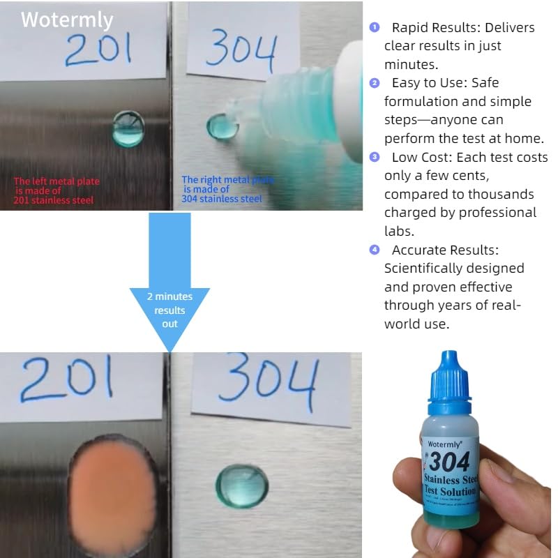 304 Stainless Steel Test Solution – Instant Identification Reagent for Food-Grade vs. Industrial-Grade Steel – Rapid 2-Minute Colorimetric Test for Cookware, Cutlery, and Industrial Use