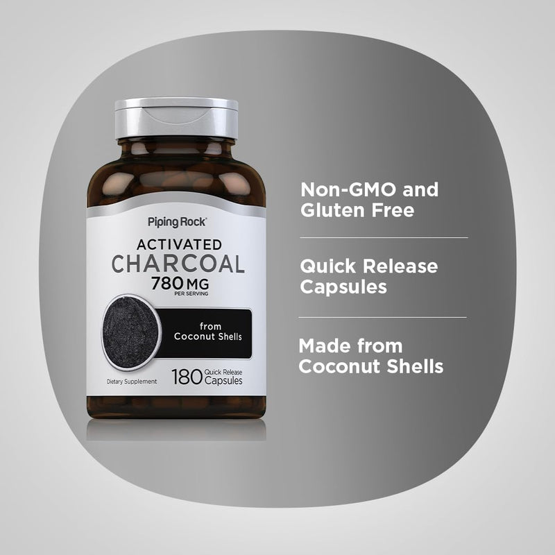 Piping Rock Activated Charcoal Pills | 780 mg | 180 Capsules | from Coconut Shells | Non-GMO, Gluten Free Supplement 180 Count (Pack of 1) - BeesActive Australia